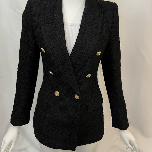 ZARA Black Tweed Double-Breasted Blazer With Gold Hardware Buttons – Size XS - Picture 2 of 8